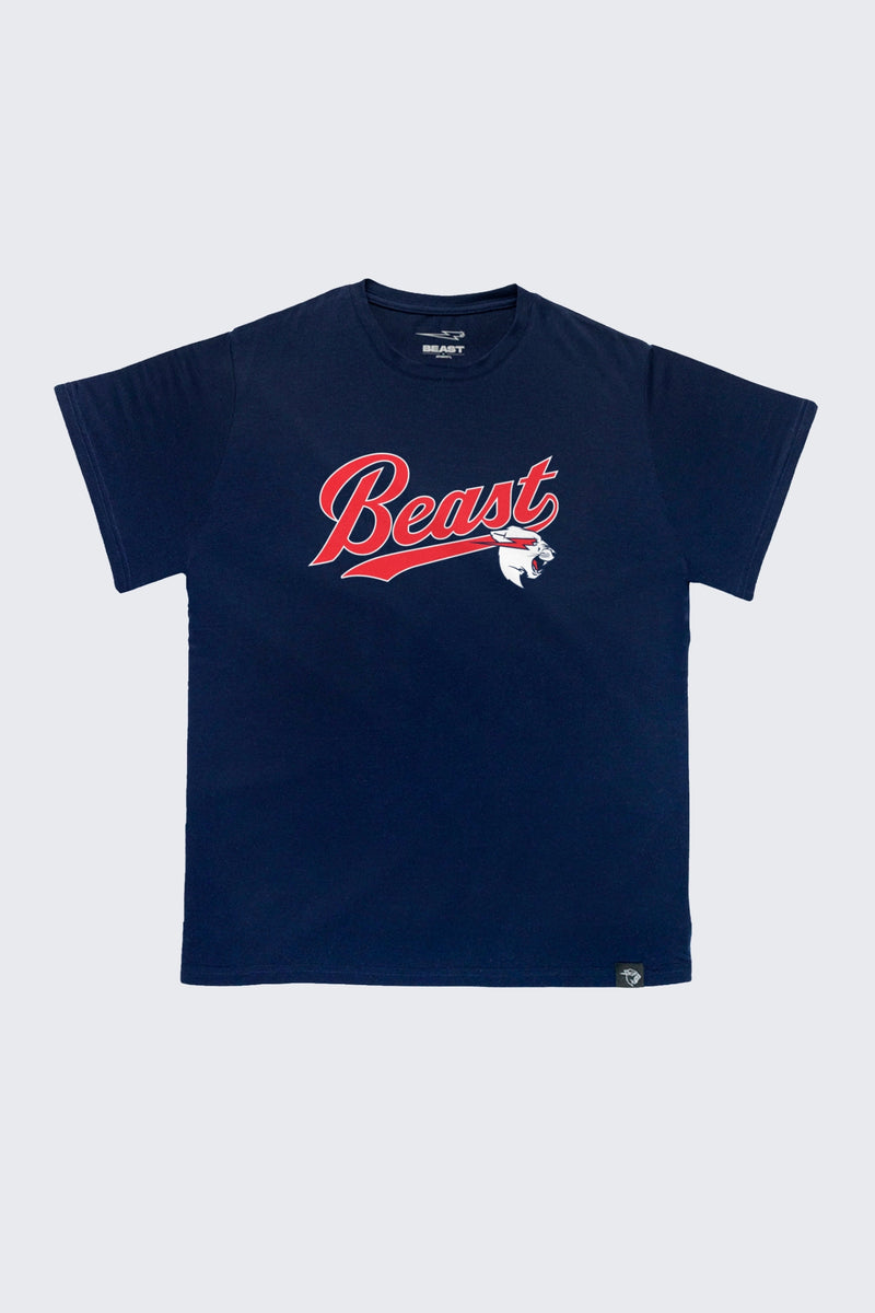 Beast Script Baseball Tee - MD (8/9) / Navy